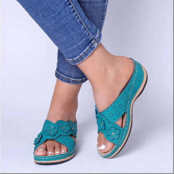 Shoes - Floral Casual Wedge Sandals In Blue